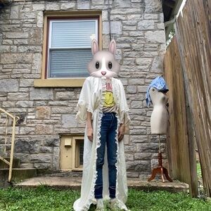 Vintage Agatha Moon bat sleeve lace ruffle trim maxi long robe wedding off white